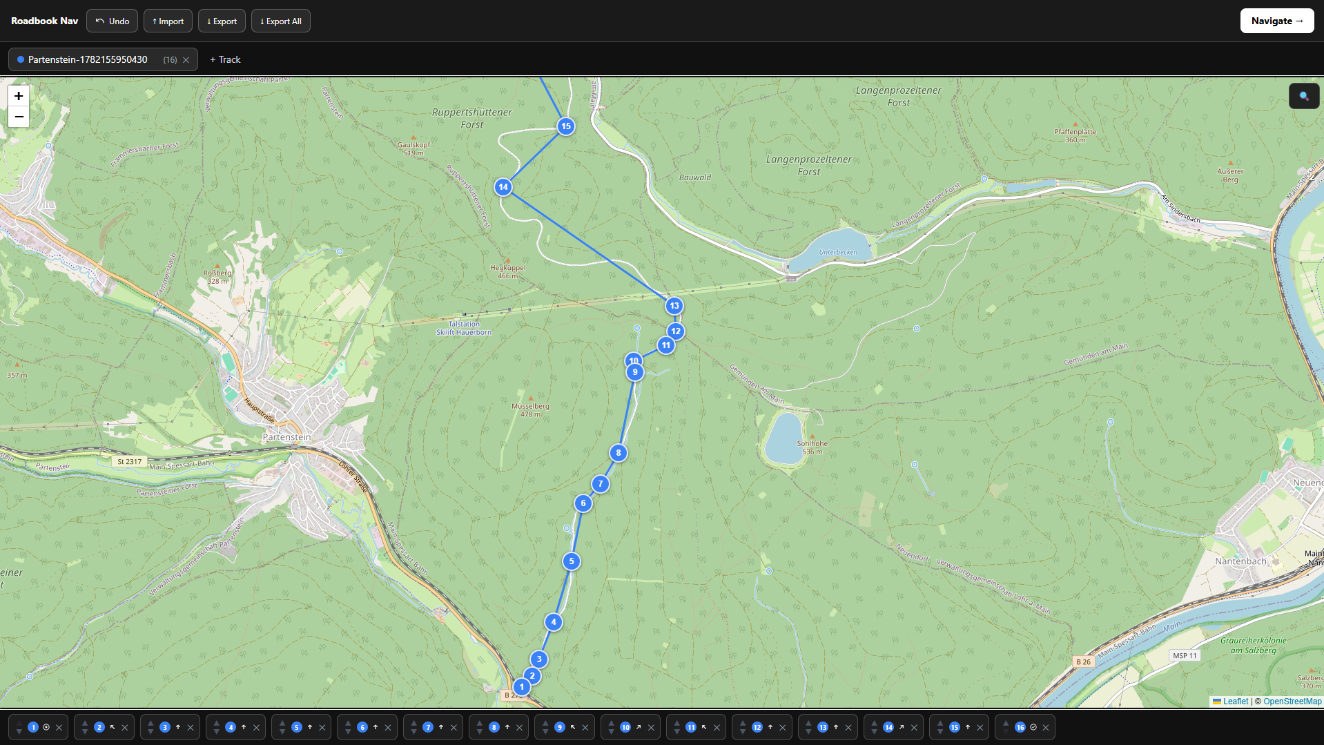Roadbook Nav editor — route planned through forest terrain